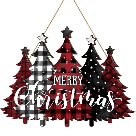 NWT- Stunning Buffalo Check Merry Christmas- 5 Tree🎄 Wooden Decoration Sign - Picture 2 of 6